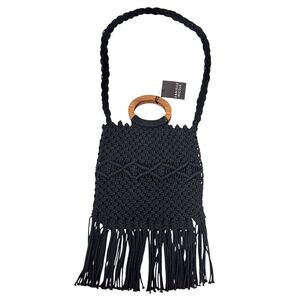 NWT Danielle Nicole Macrame Black Wood Handle Boho Fringe Shoulder Bag